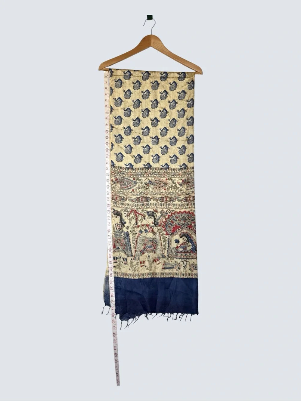 Indian Silk-Style Madhubani Folk Art Scarf Shawl Blue Gold 28x40